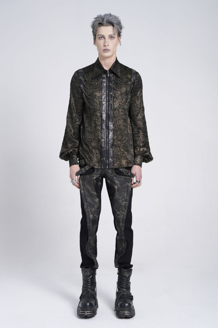 Black Lapel Collar Long Puff Sleeves Faux Leather Stitching Men's Gothic Blouse with Chain