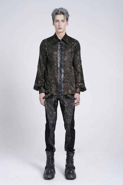 Black Lapel Collar Long Puff Sleeves Faux Leather Stitching Men's Gothic Blouse with Chain