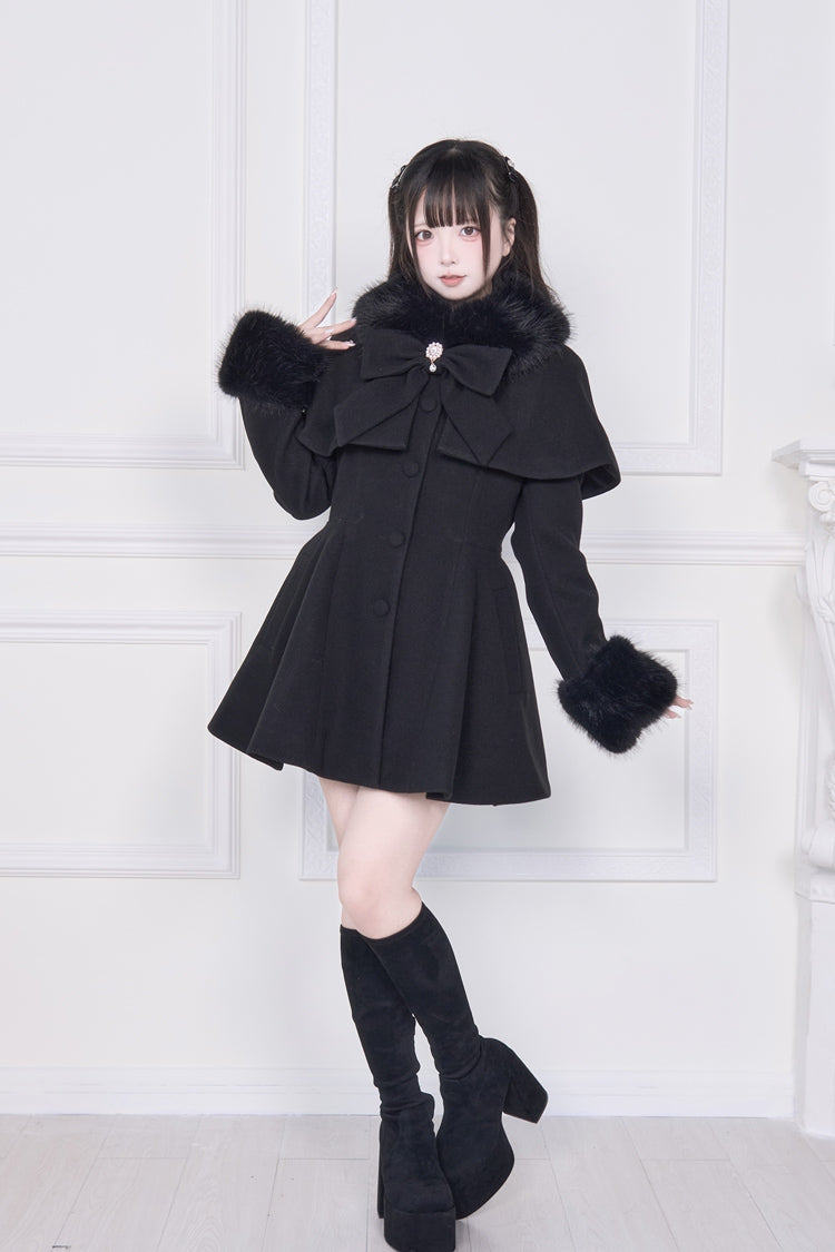 Black Plush Collar Long Sleeves Bowknot Japanese Sweet Lolita Coat