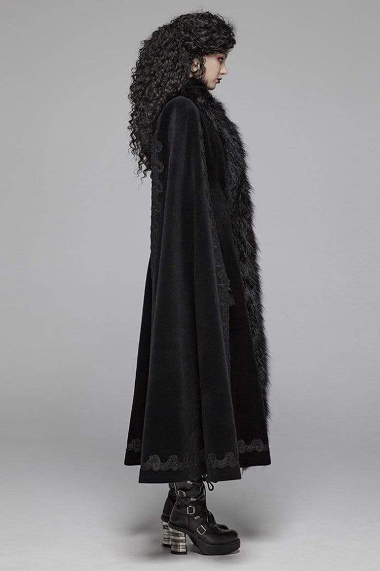 Black Fur Collar Slit Cloak Shape Sleeve Back Waist Lace Up Imitation Cashmere Long Women's Gothic Coat