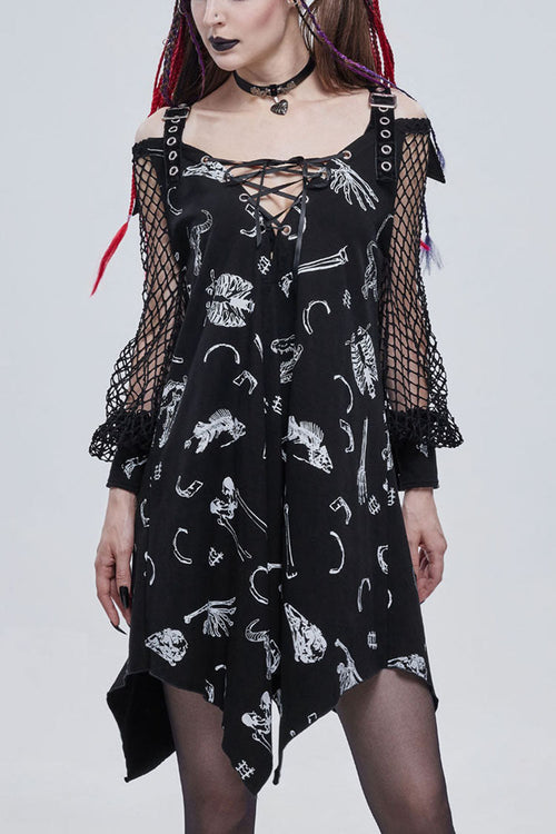 Black Gothic Knit Bone Print Sling Metal Grommet Strap Design Long Sleeve Women's Dress