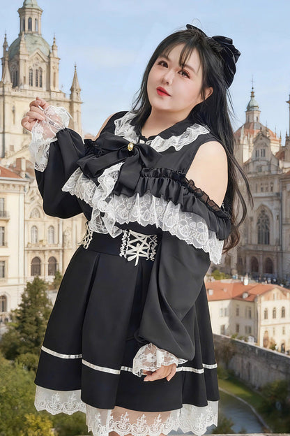 Black Off Shoulder Long Sleeves Ruffle Bowknot Lace Sweet Plus Size Princess Jirai Kei Skirt Blouse Set