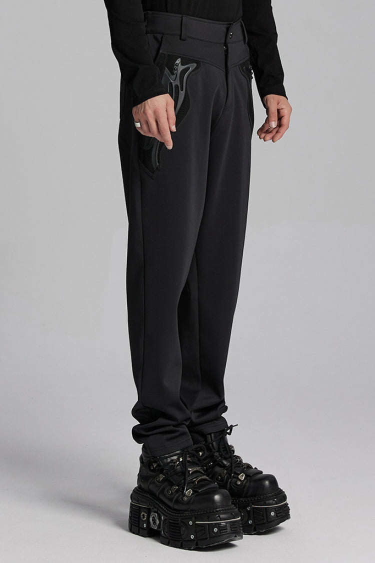 Black Leather Trim Stitching Rivet Men's Punk Pants