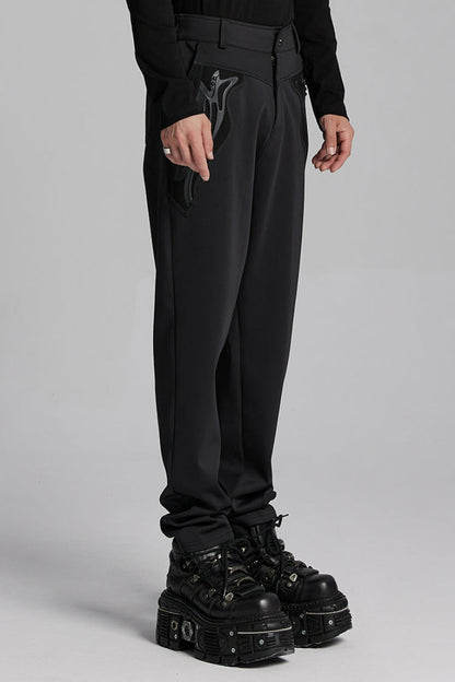 Black Leather Trim Stitching Rivet Men's Punk Pants