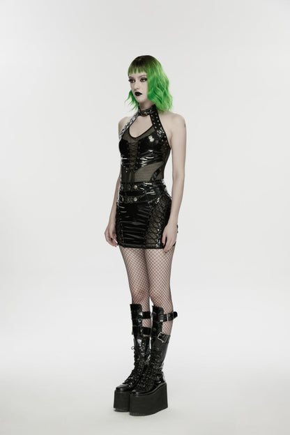 Black Halterneck Cut-Out Lace-Up Slim Women's Punk Cool Vest