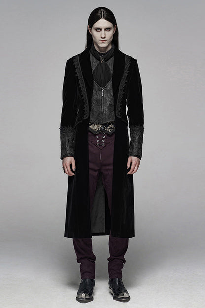 Black Long Sleeves Jacquard Lace-Up Slim Men's Gothic Long Coat