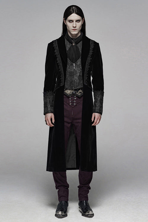 Black Long Sleeves Jacquard Lace-Up Slim Men's Gothic Long Coat