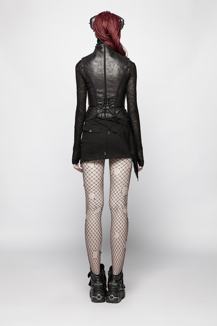 Black Back Waist Lace Up High Collar Front Metal Rivet Chest Hollow-Out Women's Punk Floral Vest