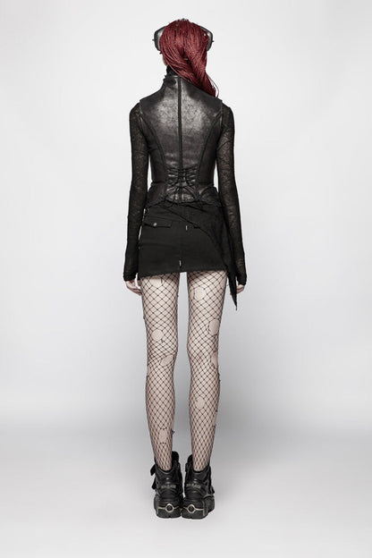 Black Back Waist Lace Up High Collar Front Metal Rivet Chest Hollow-Out Women's Punk Floral Vest