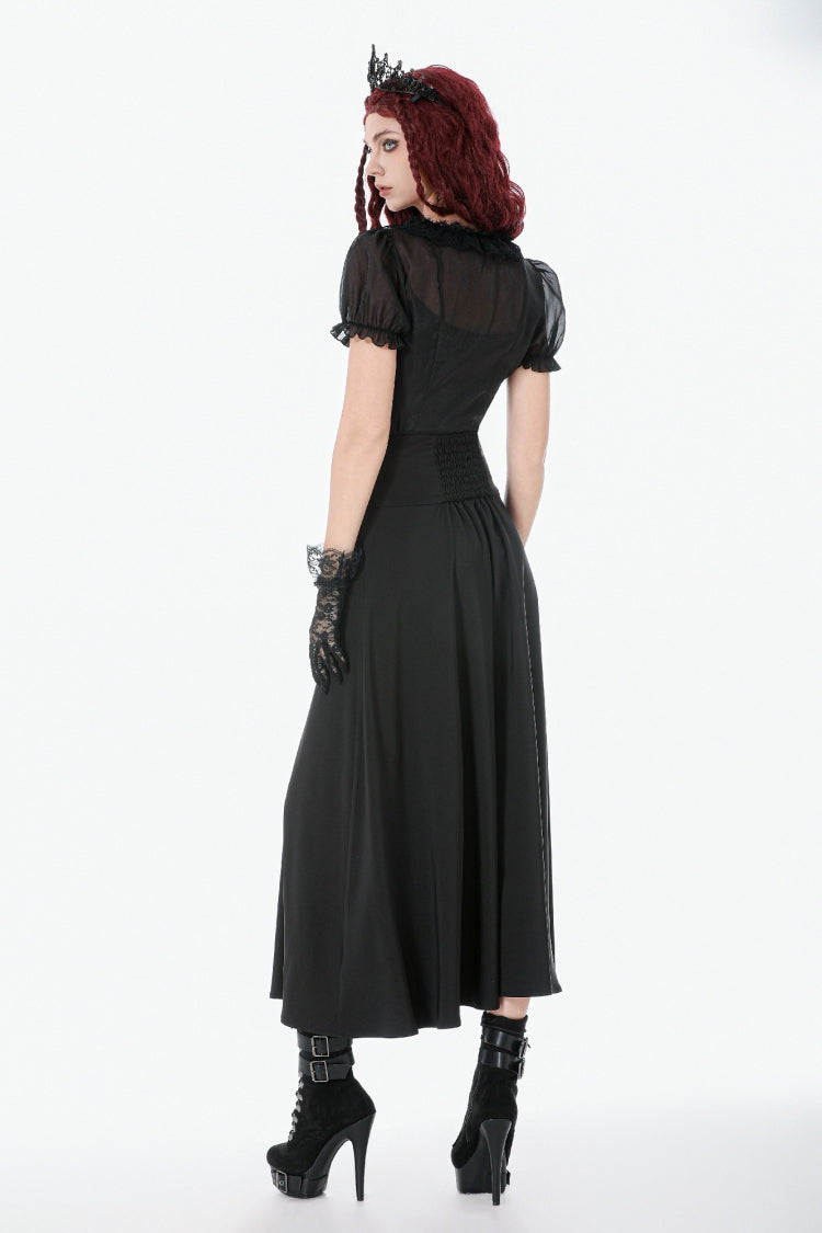 Black High Waisted Floral Printed Lace Mesh Women's Gothic Elegant Long Skirt