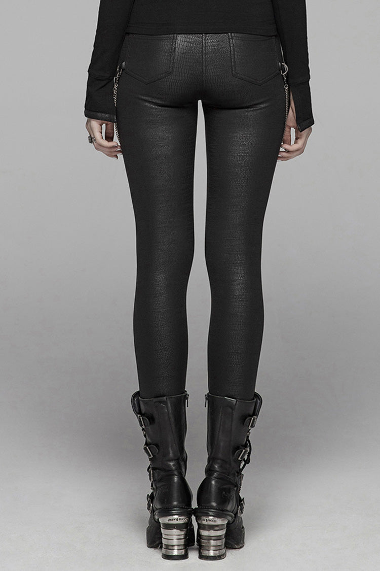 Black Crack Velvet Splice Knit PU Leather Metal Buckle Connect Chain Women's Punk Leggings