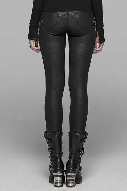 Black Crack Velvet Splice Knit PU Leather Metal Buckle Connect Chain Women's Punk Leggings