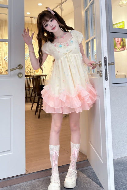 Apricot/Pink [Bubble Lover] Short Puff Sleeves Multi-Layered Ruffle Lace Sweet Princess Lolita Dress