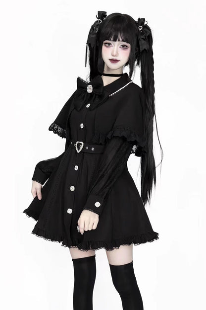 Black Long Sleeves Removable Cape Ruffle Lace Gothic Jirai Kei Elegant Dress