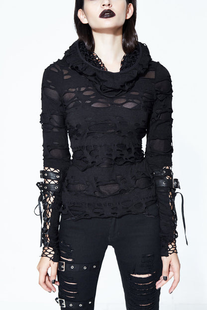 Black Hooded Ripped Finger Covered Splice Mesh Leather Loop Lace Up Women's Punk Shirt