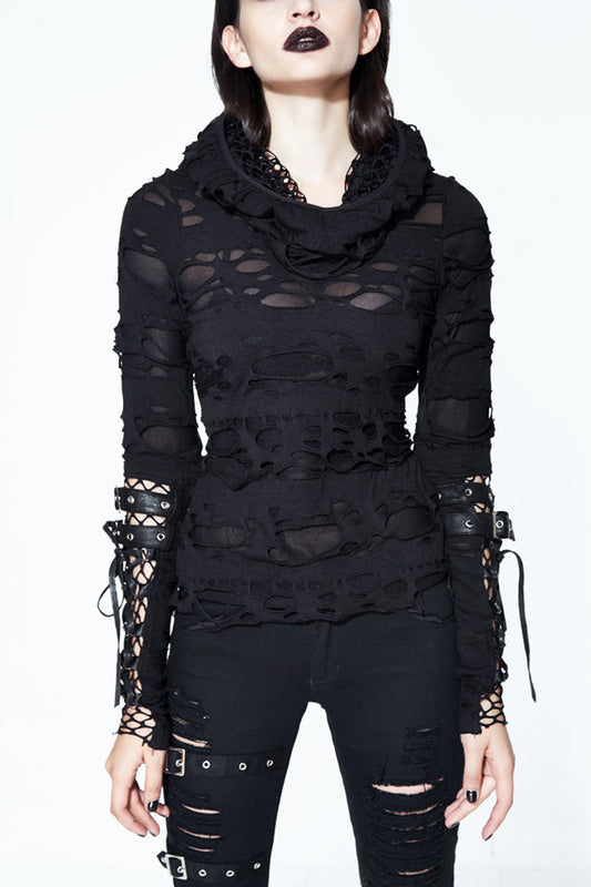 Black Hooded Ripped Finger Covered Splice Mesh Leather Loop Lace Up Women's Punk Shirt