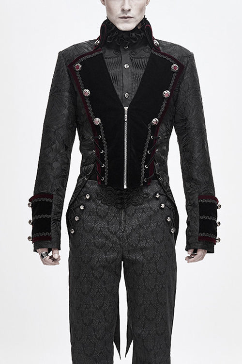 Black Jacquard Floral Pattern Velveteen Swallowtail Mens Gothic Coat