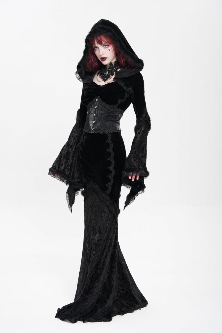 Black Long Trumpet Sleeves Embroidery Stitching Lace Hooded Mesh Women's Gothic Dress