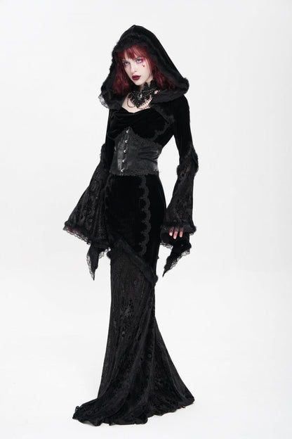 Black Long Trumpet Sleeves Embroidery Stitching Lace Hooded Mesh Women's Gothic Dress