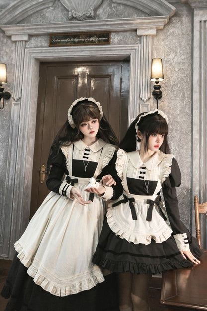 Black Maid Lapel Collar Short Sleeves Ruffle Sweet Classic Lolita Dress (Short or Long Version)