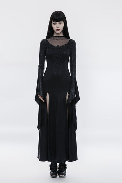Black Long Trumpet Sleeves Embroidery Women's Gothic Gorgeous Open Forklift High Cross Dress