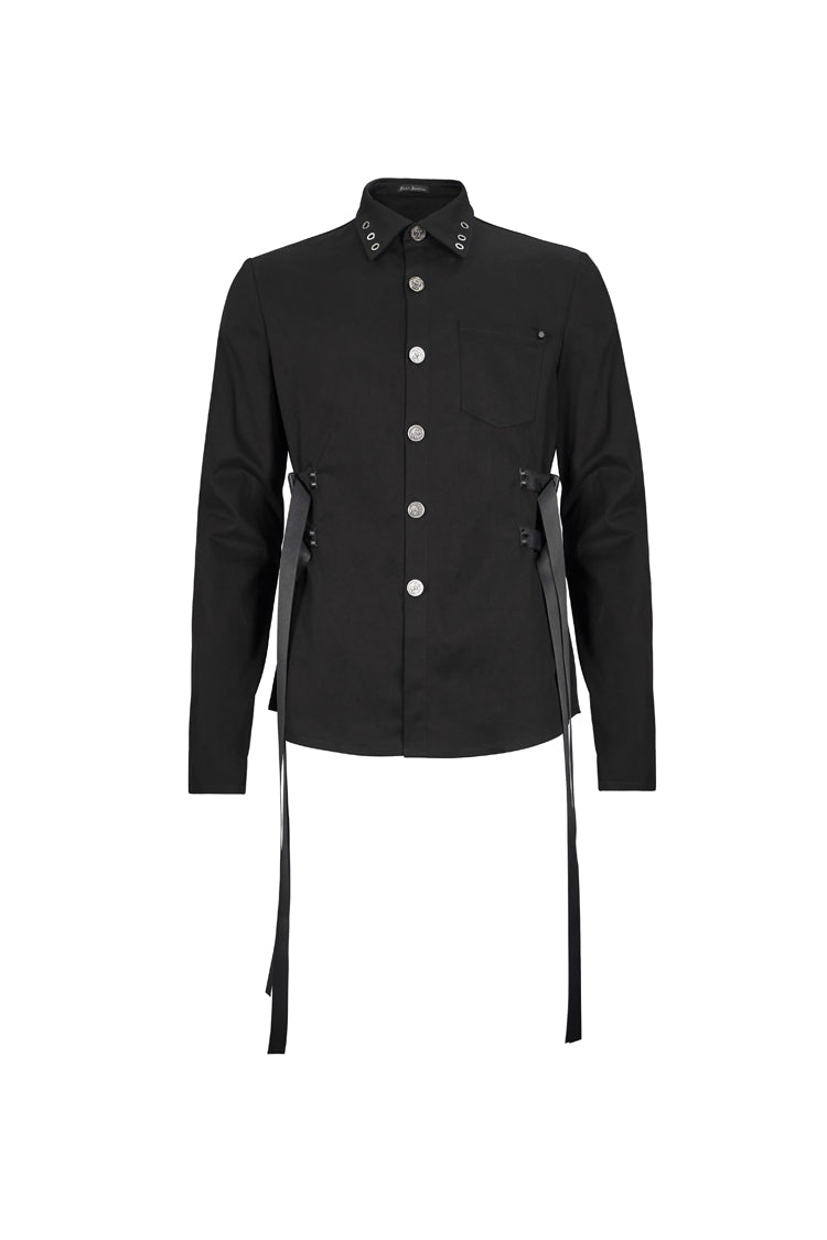 Black Nylon Strap Metal Buckle Decoration Long Sleeve Elasticity Men's Punk Shirt