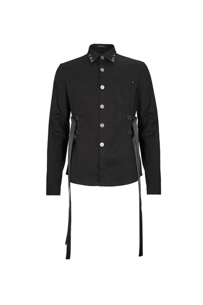 Black Nylon Strap Metal Buckle Decoration Long Sleeve Elasticity Men's Punk Shirt
