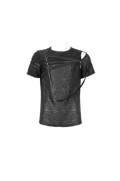 Black Left Off Shoulder Chest Zipper Embellished Men's Punk Short Sleeve