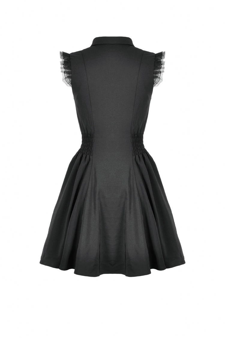 Black Lapel Collar Sleeveless Lace Women's Gothic Button-Front Dress Graduation Dress