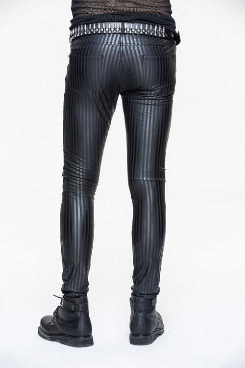 Black Autumn And Winter Vertical Stripes Elastic Punk Leather Mens Pants