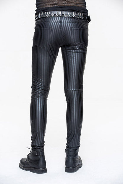 Black Autumn And Winter Vertical Stripes Elastic Punk Leather Mens Pants