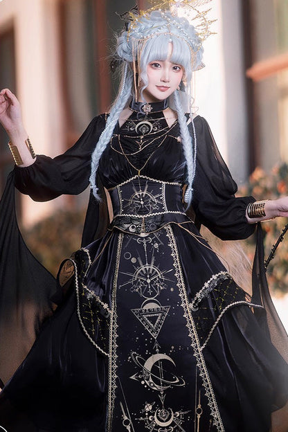 Black Nightmare of Horus Print Ruffle Hot Stamping Gothic Gorgeous Lolita Jsk Dress