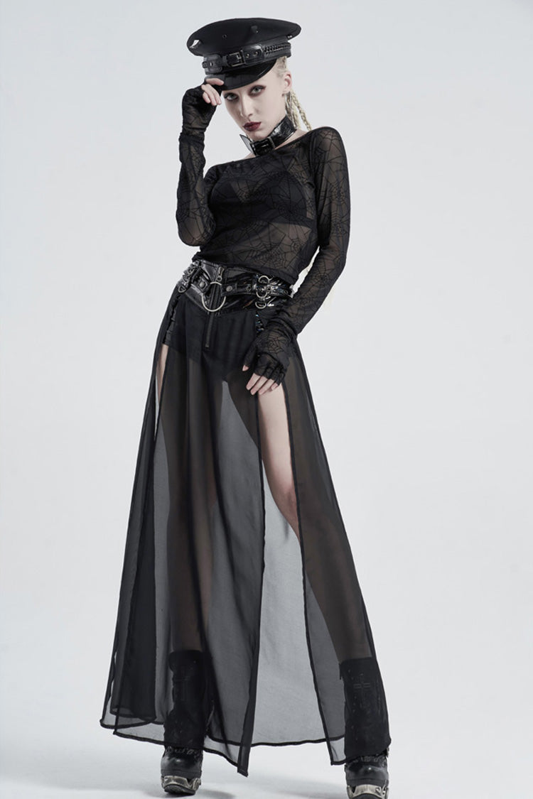 Black Long Sleeve One Word Collar Half Cut Finger Cuffs Tight Velvet Cobweb Prints Women's Punk T-Shirt