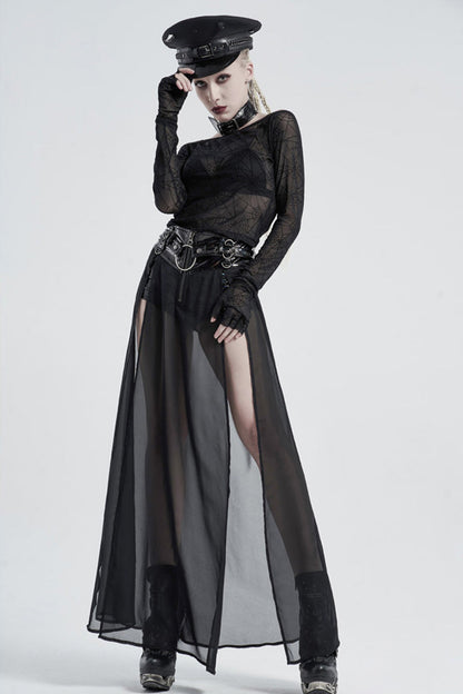 Black Long Sleeve One Word Collar Half Cut Finger Cuffs Tight Velvet Cobweb Prints Women's Punk T-Shirt