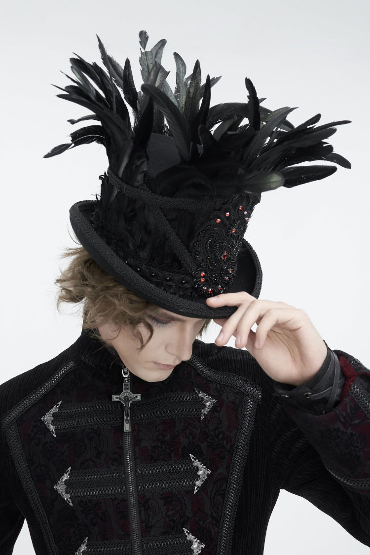 Black Embroidered Men's Gothic Palace Accessory Floral Feather Top Hat