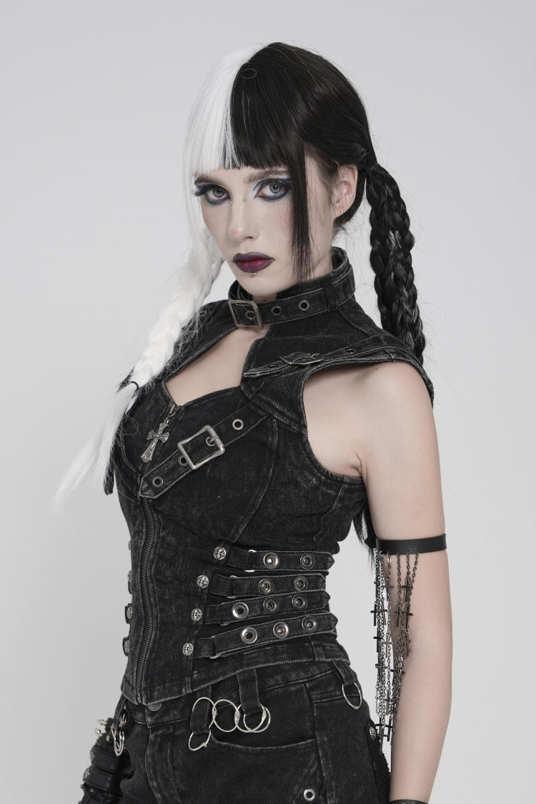 Black Halterneck Slim Buckled Zippered Women's Punk Vest
