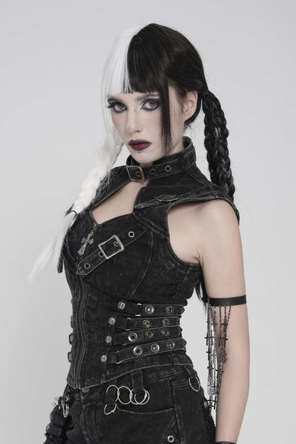 Black Halterneck Slim Buckled Zippered Women's Punk Vest