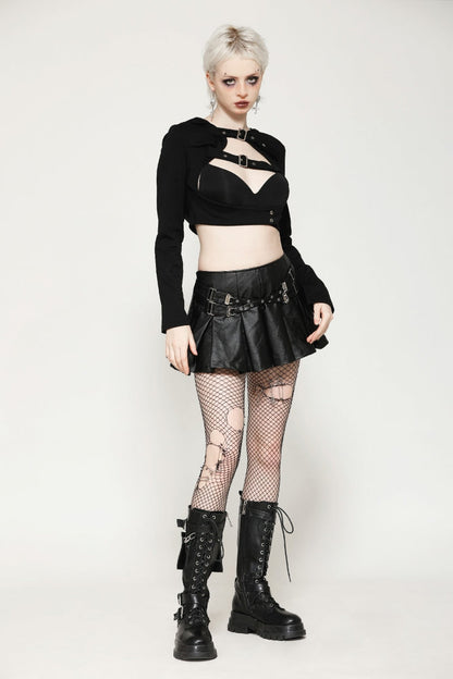 Black Low Waisted Buckle-Up Women's Punk PU Leather Pleated Mini Skirt