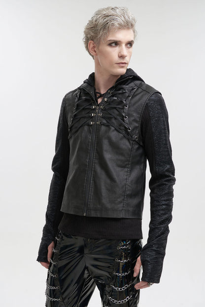 Black Front And Rear String Micro Stretch Cotton Stand Collar Men's Punk Vest