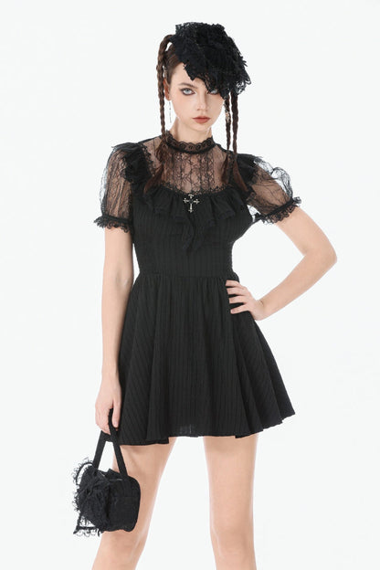 Black Lace Short Sleeves Cross Ruffled Women's Gothic Graduation Dress