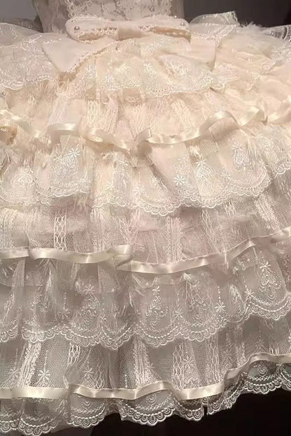 Apricot [Ballad of Feathers] Sleeveless Multi-Layered Ruffle Hanayome Bowknot Sweet Lolita Jsk Dress