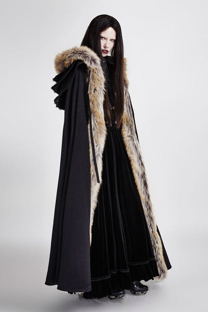 Black Hooded Fur Collar Wool Long Womens Gothic Coat Cloak