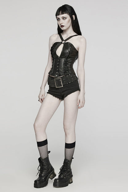 Black Denim Slim Buckle Eyelets Women's Steampunk Shorts