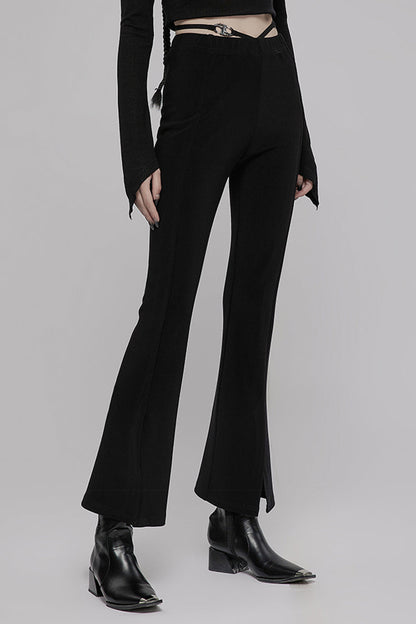 Black Hollow V-Shaped Decorative Bottom Slit Strap Micro Flare Women's Punk Pants