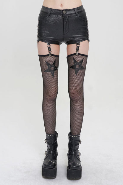Black Faux Leather Pentagram With Stockings Women's Punk Shorts