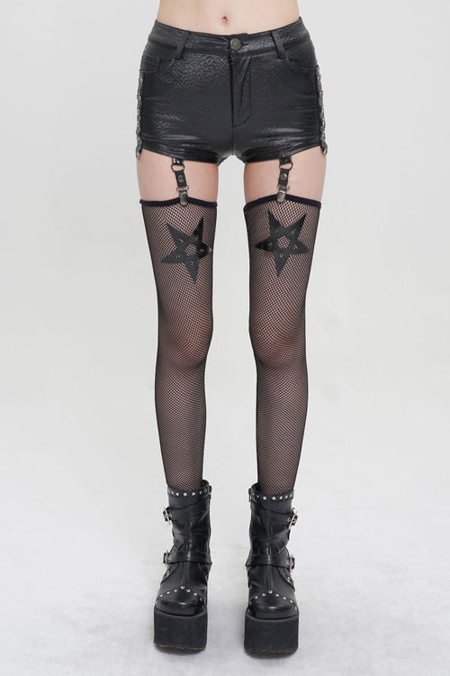 Black Faux Leather Pentagram With Stockings Women's Punk Shorts