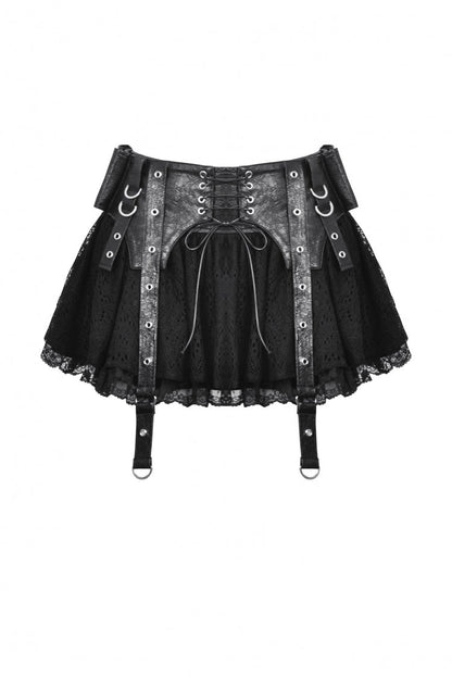 Black Faux Leather Spliced Lace Lace-Up Women's Punk Mini Skirt