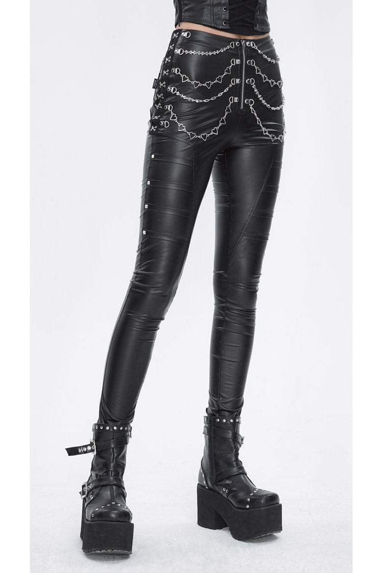 Black Chain Stud Skintight Leather Womens Punk Pants