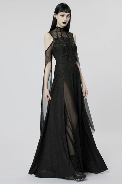 Black Off Shoulder Print Stitching Irregular Mesh Women's Gothic Dress