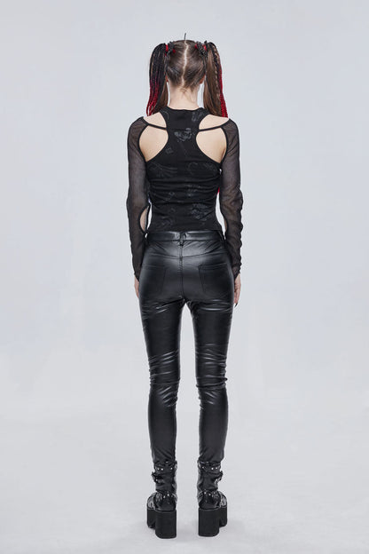 Black Pentagram Leather Striped Long Sleeve Women's Gothic T-Shirt